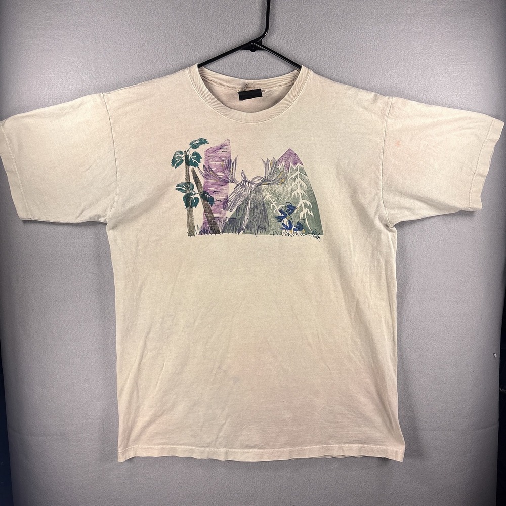 Vintage Watercolor Stencil Nature Print XL T-Shirt Moose Mountains Colorado